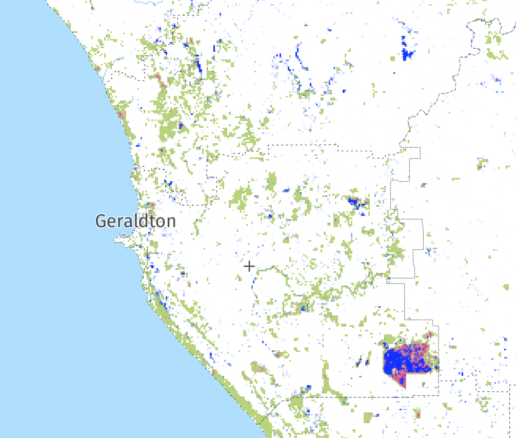 Green: Tree canopy >10%. Pink: Tree canopy loss. Blue: tree canopy gain.