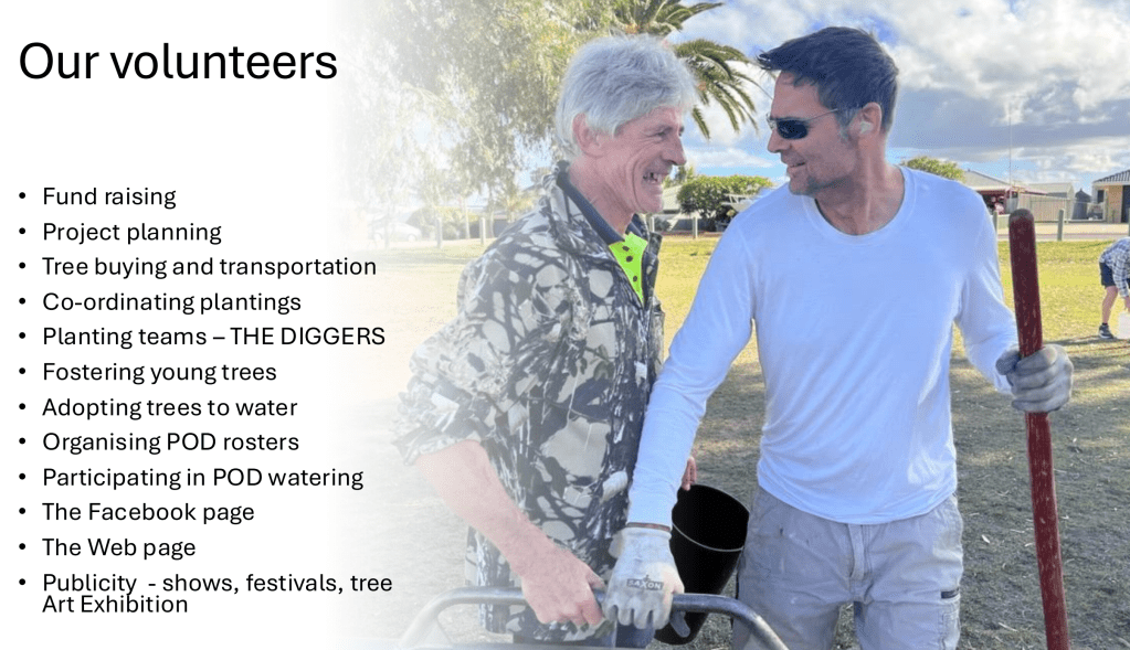 Volunteers fund raising, moving trees, planting and digging for planting, fostering young trees, watering trees, providing publicity